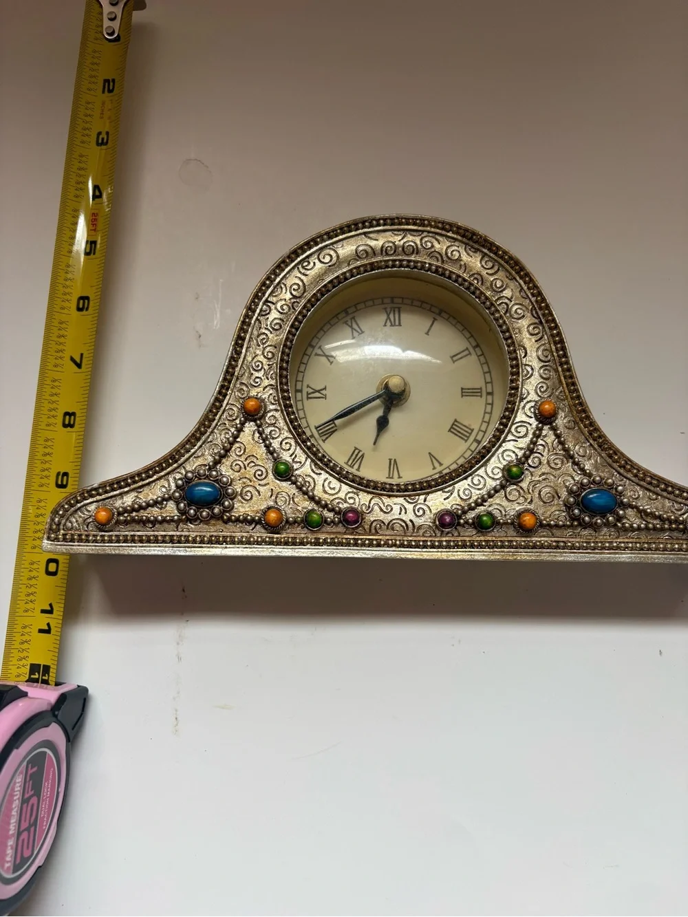 Ornate Silver-Tone Mantel Clock with Multicolor Accents
